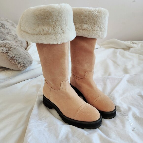 New Stuart Weitzman Alpine Shearling Trim Leather Knee High Leather Boots - Picture 12 of 13